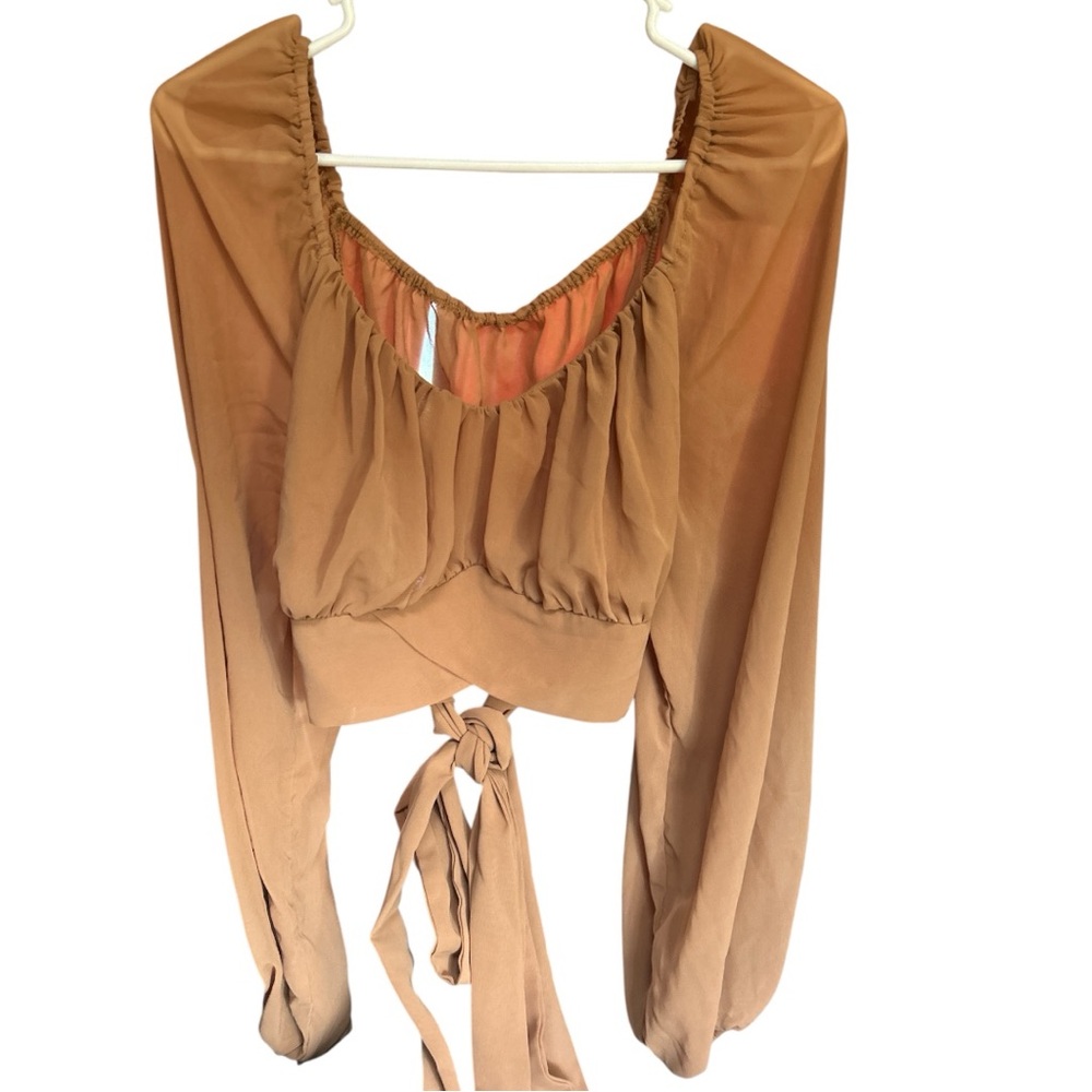SHEIN Tan Ruched Blouse with Tie Detail